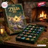 Front view of The Legend of Zelda 40th Anniversary Advent Calendar with open tray revealing colorful pins on a wooden table.