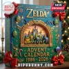 The Legend of Zelda 40th Anniversary Advent Calendar with festive teal box, Hyrule Castle, and Link character figures.