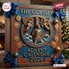 The Odyssey Greek Mythology Advent Calendar 2026 featuring a relief of Odysseus, sirens, and gold-toned icons on blue wood.
