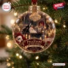 Front view of The Phantom of the Opera 40th Anniversary glass Christmas ornament hanging on a tree.