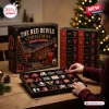 The Red Devils Christmas Advent Calendar 2026 with 24 numbered slots containing football-themed ornaments on a table.