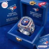 Top view of a Toronto Blue Jays 50th Anniversary Championship Ring displayed inside a blue commemorative box.