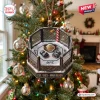 Front view of a UFC Championship Octagon Christmas ornament hanging on a pine tree, featuring tiny gloves and a belt.