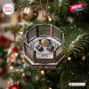 Front view of a UFC Championship Octagon Christmas ornament featuring gloves and a belt inside a miniature cage.
