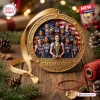 Front view of round USA FIBA Women’s World Cup 2026 Champions ornament featuring a gold frame and a team photo.