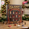 Front view of USA Women's Basketball 2026 FIBA World Cup Champions advent calendar with miniature figures on wood table.