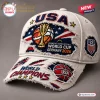 USA Women's Basketball World Cup 2026 distressed baseball cap in cream fabric with embroidered tournament patches.