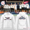 Front and back view of the UTSA Roadrunners Hispanic Heritage White Hoodie featuring football graphics on a field background.