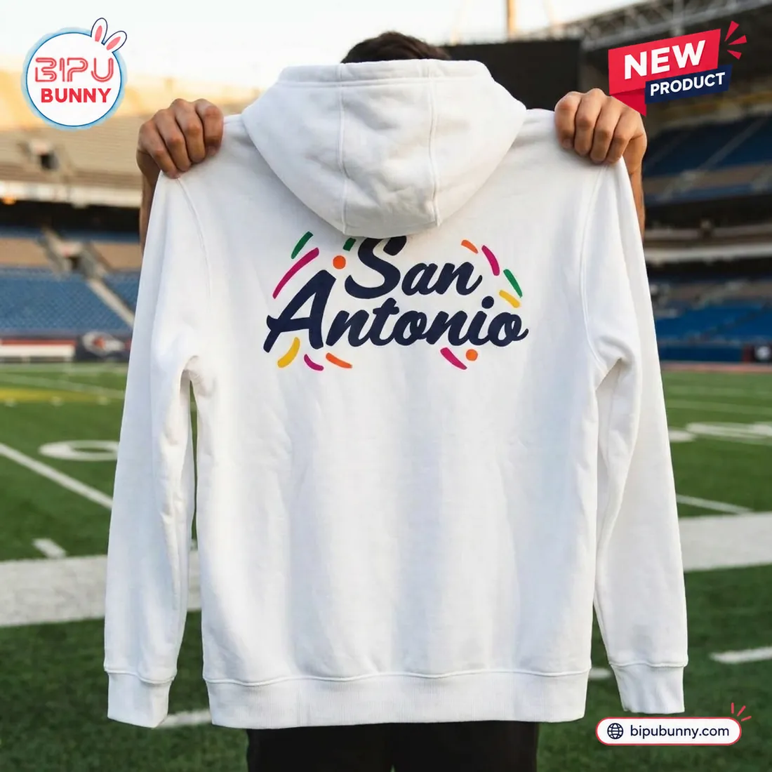 Back view of the UTSA Roadrunners Hispanic Heritage White Hoodie featuring San Antonio text and colorful confetti graphics.