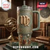 Virgo Astrology Custom 40oz Stanley Tumbler in sage green with raised gold Virgo zodiac iconography on a desk background.