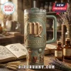 Virgo Astrology Custom 40oz Stanley Tumbler in sage green with embossed gold zodiac emblem, wheat stalks, and ornate details.