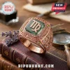 Virgo The Maiden Rose Gold Zodiac Ring featuring a square green gemstone, inset crystals, and engraved star constellations.