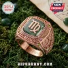 Virgo The Maiden Rose Gold Zodiac Ring featuring a central green stone, engraved text, and star motifs on moss background.