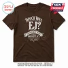 Which Way EJ Endicott New York Heritage Shirt featuring white text, Ellis Island graphics, and vintage typography on brown.