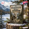 Front view of a Wilderness Wolf Collection Advent Calendar box resting on a snowy tree stump in a forest setting.