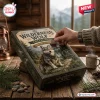 Close-up view of hands opening the Wilderness Wolf Collection Advent Calendar on a rustic wooden table.