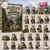 Front view of the Wilderness Wolf Collection Advent Calendar packaging alongside twenty four miniature wolf figurines.