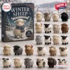 Front view of Winter Sheep Advent Calendar packaging next to twenty four assorted toy sheep figures on a wooden surface.