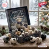 Open Winter Sheep Advent Calendar box displaying various small plush sheep figures on a wooden surface.