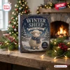 Front view of the Winter Sheep Advent Calendar box on a wooden surface with Christmas lights.