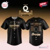 Front and back view of the WPBL Los Angeles Queens 2026 Champions Black Baseball Jersey with gold pinstripes and lettering.