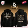 Front and back view of the WPBL Los Angeles Queens 2026 Champions Black Hoodie featuring pinstripes and gold lettering.