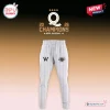 Front view of white sweatpants with pinstripes, text graphics, and a championship logo.