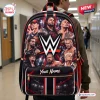 Rear view of person wearing a WWE Wrestling Legends Custom Name Backpack with multiple wrestler graphics.