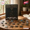 WWII Aircraft Advent Calendar 2026 box with a countdown grid and miniature model airplanes displayed on a wooden table.