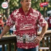 Front view of a crimson Hawaiian shirt featuring Alabama Crimson Tide imagery and vintage football stadium graphics.