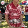 Front view of a crimson Hawaiian shirt featuring football imagery, stadium graphics, and Crimson Tide greatness text.