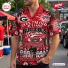 Front view of a red Hawaiian shirt featuring Georgia Bulldogs football graphics and text about witnessing greatness.