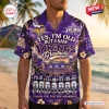 Front view of a purple Hawaiian shirt featuring stadium graphics, football player numbers, and Minnesota Vikings Greatness text.