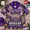 Front view of a purple Hawaiian shirt featuring football legends and stadium graphics.