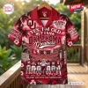 Front view of a red Hawaiian shirt featuring football graphics and the Yes, I'm Old But I Saw Oklahoma Sooners Greatness design.