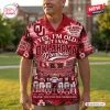 Front view of a red Hawaiian shirt featuring Oklahoma Sooners football graphics and text.