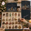 Front view of an open advent calendar with 24 numbered compartments containing various patriotic ornaments.