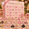 Front view of a pink ballet advent calendar with 24 numbered doors and matching gold keychains displayed below.