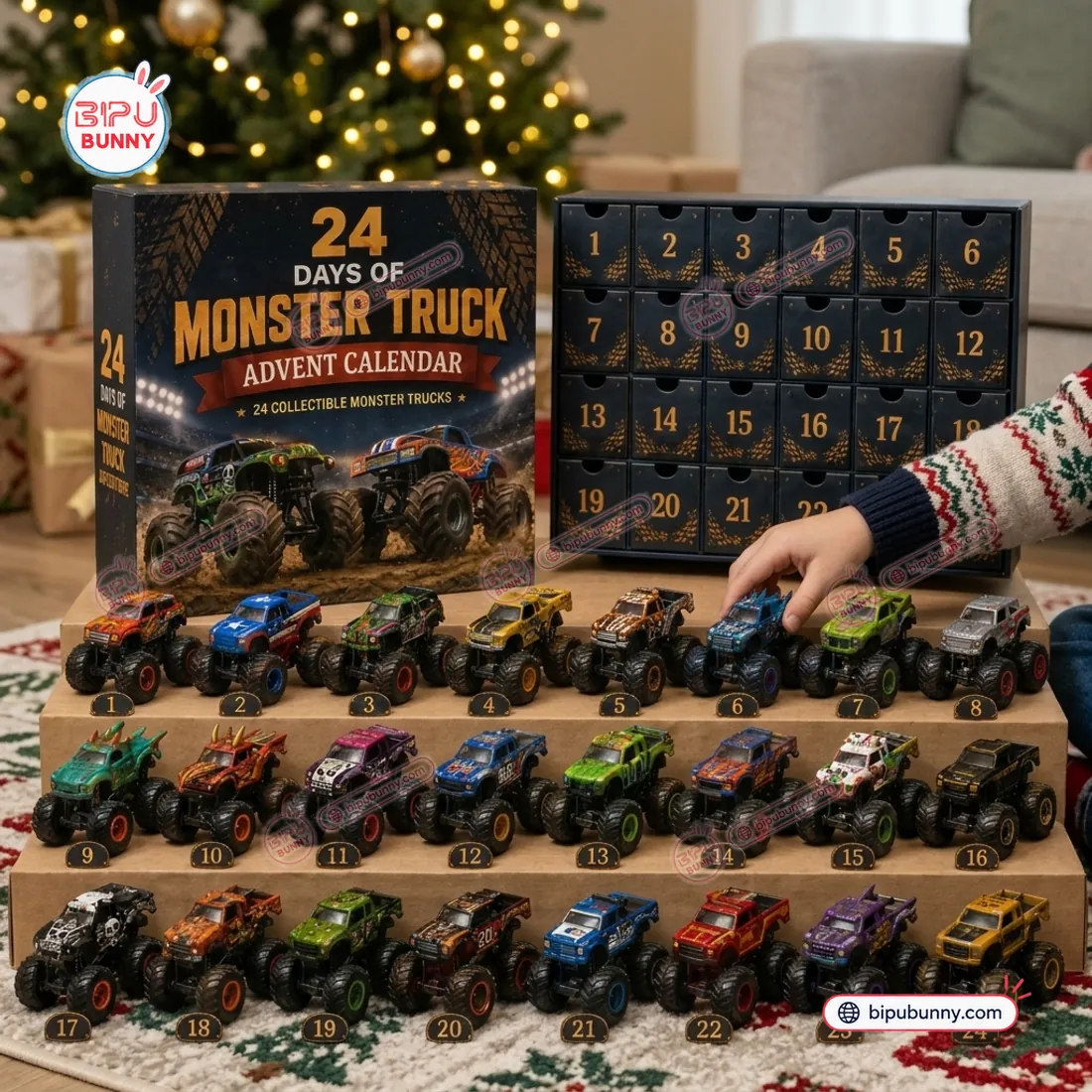 24 Days of Monster Trucks Advent Calendar collector box and 24-drawer numbered grid beside the full lineup of 24 miniature monster trucks