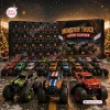 Front view of 24 Days of Monster Trucks Advent Calendar with numbered drawers and toy vehicles displayed on snowy ground.