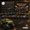 Front view of the 24 Days of Monster Trucks Advent Calendar with numbered boxes, box packaging, and toy trucks.