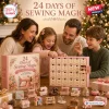 Family opening the 24 Days of Sewing Magic Advent Calendar with miniature sewing machines on table.