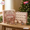 Front view of 24 Days of Sewing Magic Advent Calendar with miniature sewing machine and numbered drawers on wooden table.
