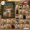 Front view of A Flock Of Sheep Woolly Animal Advent Calendar packaging box alongside twenty four miniature sheep figurines.