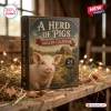 Front view of A Herd of Pigs Pig Animal Advent Calendar on a wooden table with straw.