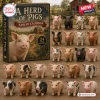 Front view of A Herd of Pigs Pig Animal Advent Calendar box with miniature figurines arranged on a wooden table.