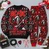 Front view of AC/DC High Voltage Christmas sweater and jogger set with guitar graphics.