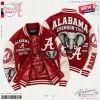 Front and back views of a crimson and cream Alabama Crimson Tide bomber baseball jacket with elephant graphics.
