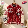 Front view of an Alabama Crimson Tide bomber baseball jacket hanging on a wooden hanger with red and white branding.