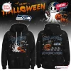 Front and back view of a black Halloween hoodie featuring ghost football and pumpkin graphics.